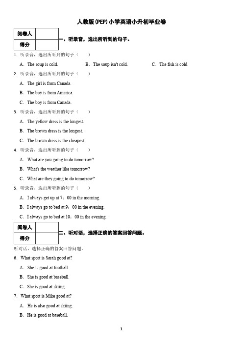 人教版(PEP)2024小学英语小升初毕业卷(含答案)