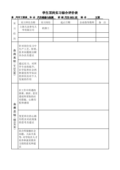 学生顶岗实习综合评价表