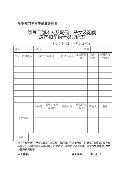 党员干部廉政档案模板-领导干部本人及配偶、子女及配偶房产和车辆情况登记表(word格式2019年最新版)