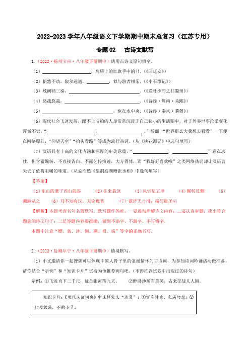 古诗文默写-2022-2023学年八年级语文下学期期中期末专题训练与模拟测试(江苏专用)解析版