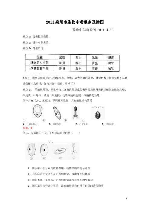 2011泉州市生物中考重点及读图