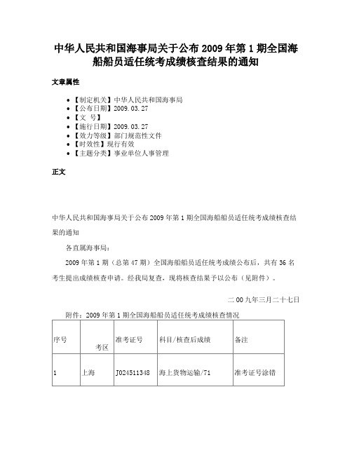 中华人民共和国海事局关于公布2009年第1期全国海船船员适任统考成绩核查结果的通知