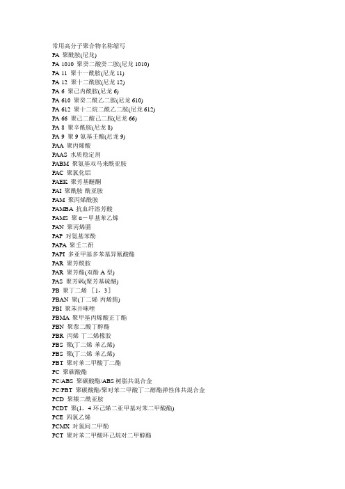常用高分子聚合物名称缩写
