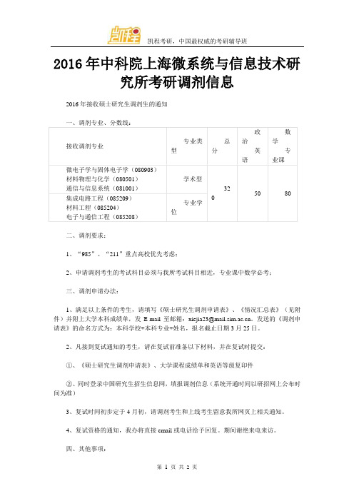 2016年中科院上海微系统与信息技术研究所考研调剂信息