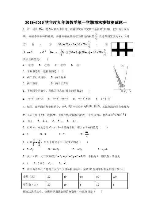 江苏省常州市武进区湖塘实验中学2019届九年级上学期期末模拟测试数学试题(一)