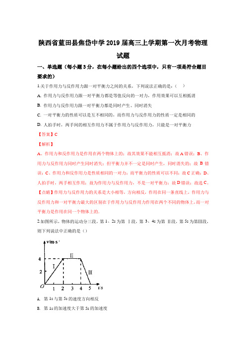 陕西省蓝田县焦岱中学2019届高三上学期第一次月考物理试题