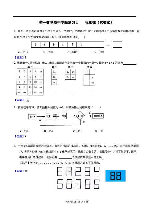 【专项复习】7年级数学上册 期中复习1——代数式找规律含参考答案