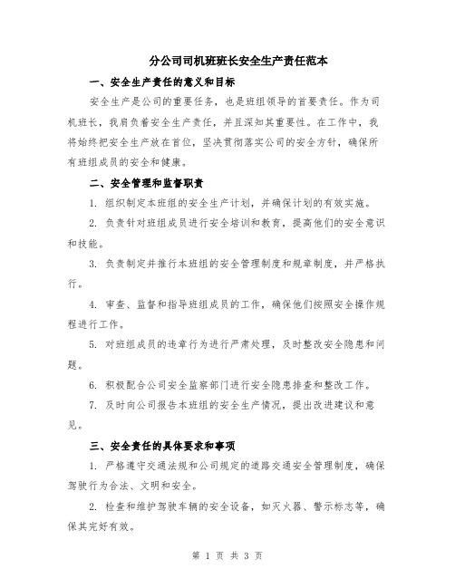 分公司司机班班长安全生产责任范本