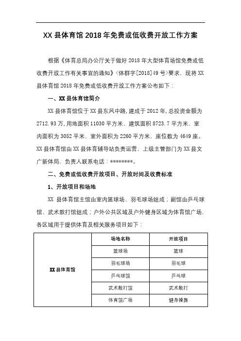 XX县体育馆2018年免费或低收费开放工作方案【模板】