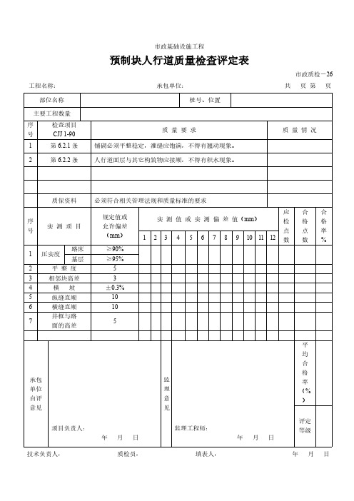 市政施工质量评定统一表格 检-26 预制块人行道质量检查评定表