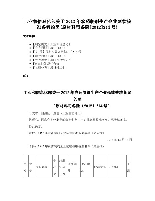 工业和信息化部关于2012年农药制剂生产企业延续核准备案的函(原材料司备函[2012]314号)