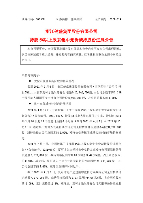 603558健盛集团持股5%以上股东集中竞价减持股份进展公告