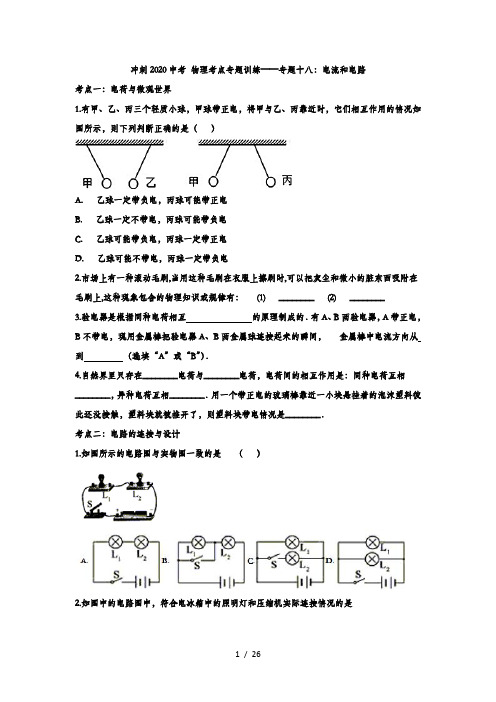 冲刺2020中考  物理考点专题训练——专题十八：电流和电路(解析版)