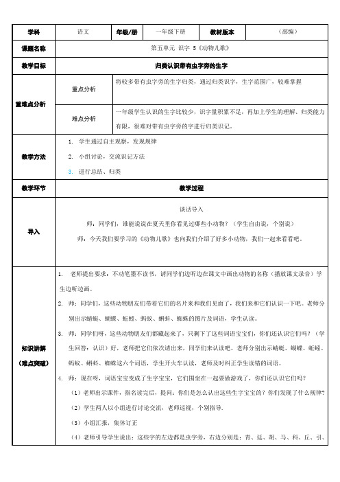 识字(二) 5 动物儿歌   表格式教案