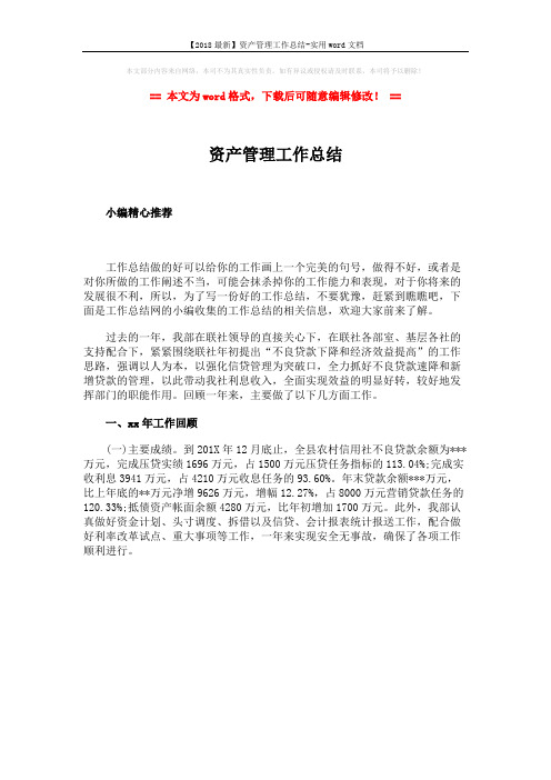 【2018最新】资产管理工作总结-实用word文档 (1页)
