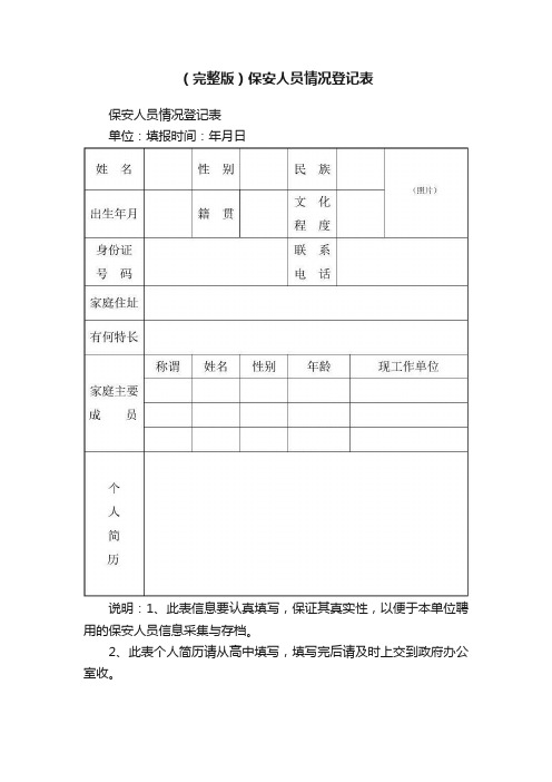 （完整版）保安人员情况登记表