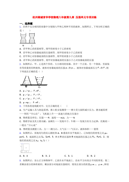 杭州绿城育华学校物理八年级第九章 压强单元专项训练