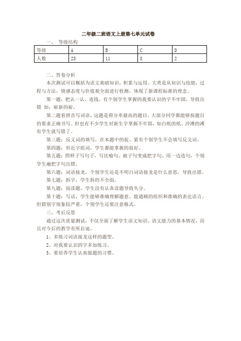 小学语文二年级上册第七单元试卷分析