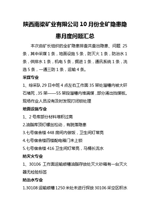 陕西南梁矿业有限公司10月份全矿隐患隐患月度问题汇总