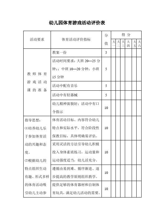 幼儿园体育游戏活动评价表