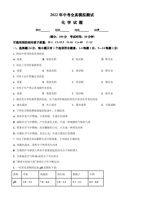 化学中考仿真模拟试题(附答案)