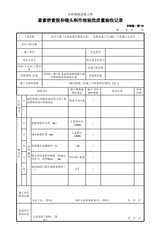 市政验桥75 悬索桥索股和锚头制作检验批质量验收记录