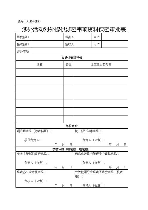 涉外活动对外提供涉密事项资料保密审批表【模板】