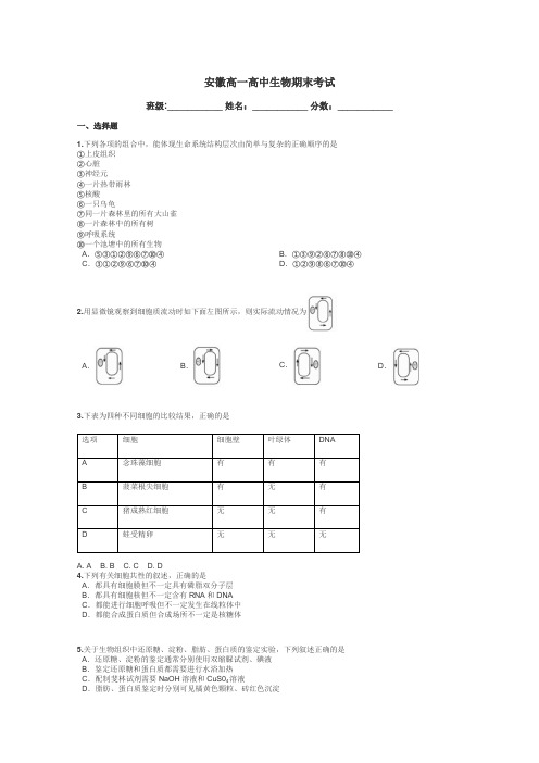 安徽高一高中生物期末考试带答案解析