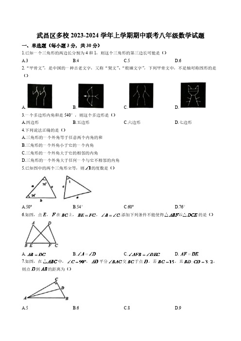 湖北省武汉市武昌区多校2023-2024学年八年级上学期期中考试数学试卷(含答案)