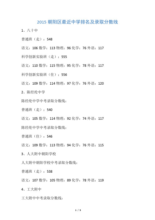 2015朝阳区最近中学排名及录取分数线