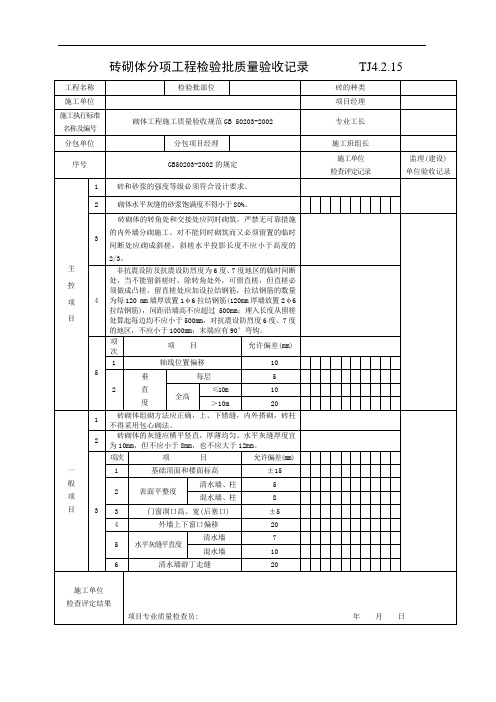 砖砌体分项工程检验批质量验收记录 TJ4.2.151