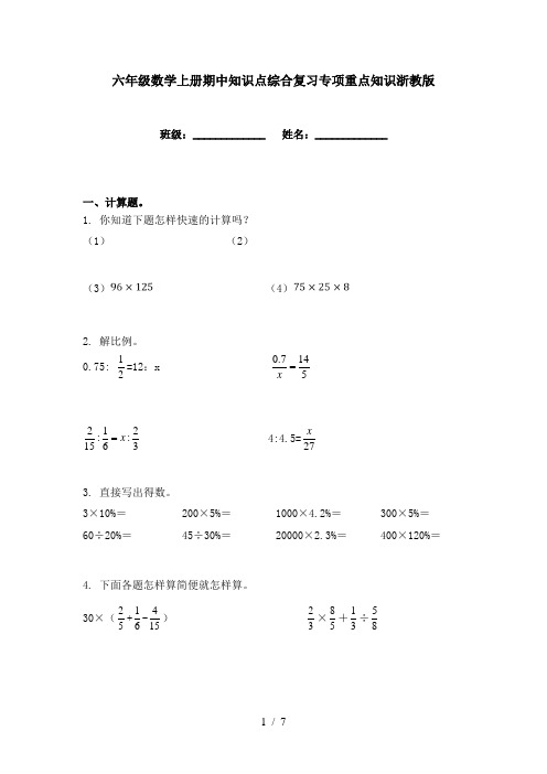 六年级数学上册期中知识点综合复习专项重点知识浙教版