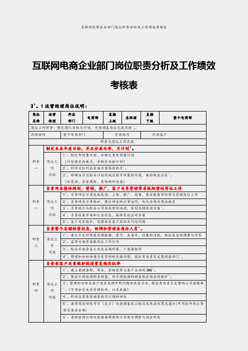 【完整定稿】互联网电商企业部门岗位职责分析及工作绩效考核表