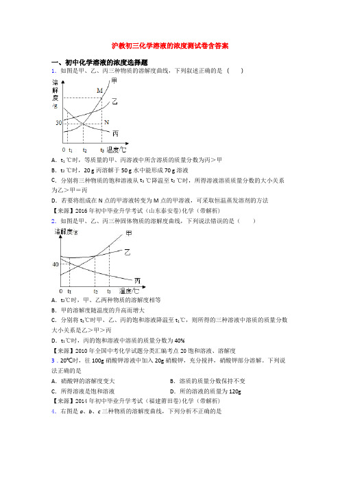 沪教初三化学溶液的浓度测试卷含答案