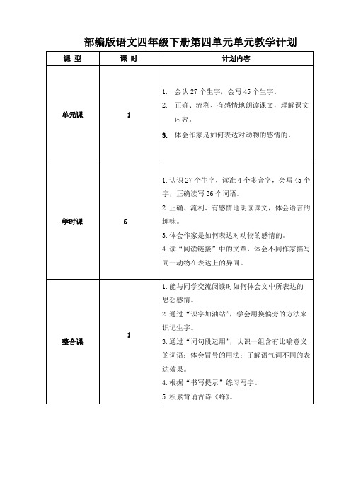 部编版语文四年级下册第四单元单元计划