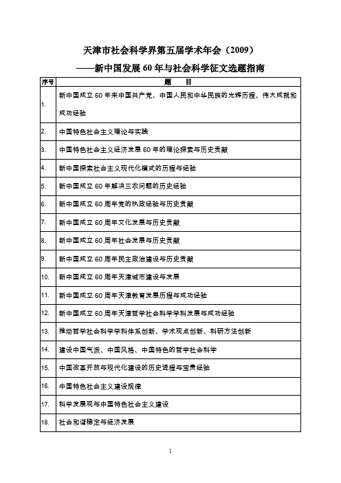 天津市社会科学界第五届(2009)学术年会征文选题