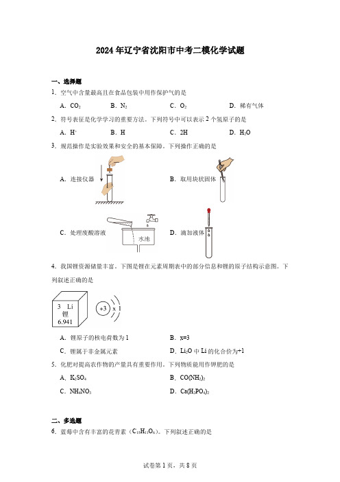 2024年辽宁省沈阳市中考二模化学试题