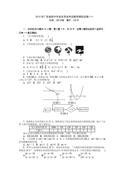 2015年广东省初中毕业生学业考试数学模拟试卷整理后