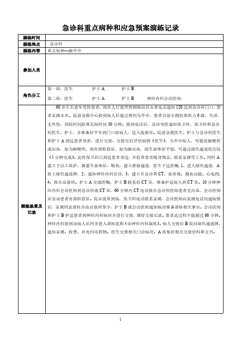 急诊科应急预案演练记录表脑卒中应急预案演练记录表