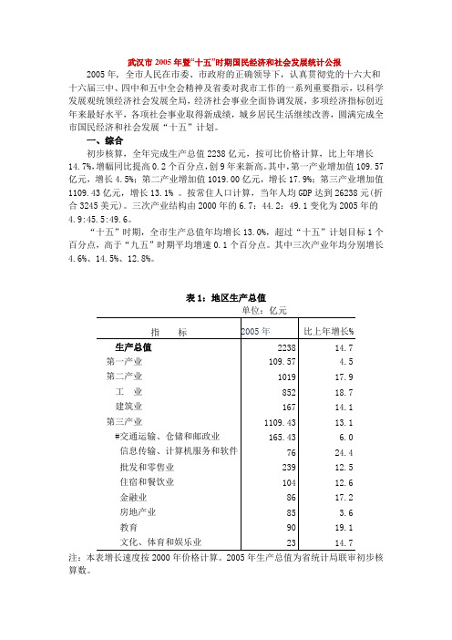 2005年武汉市国民经济和社会发展统计公报