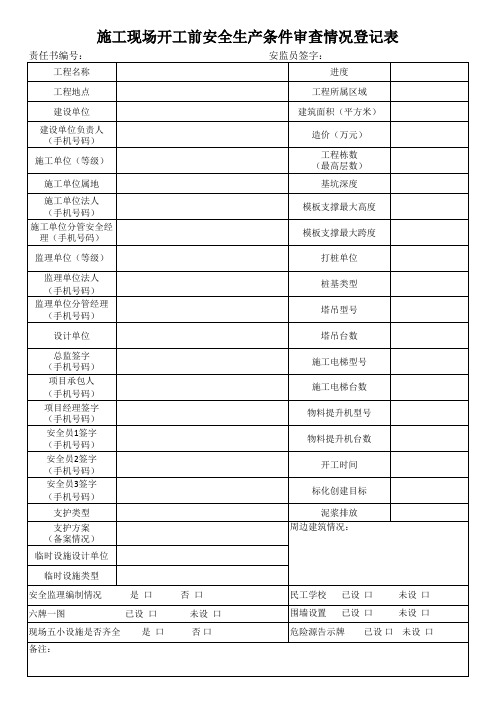 施工现场开工前安全生产条件审查情况登记表(样表)