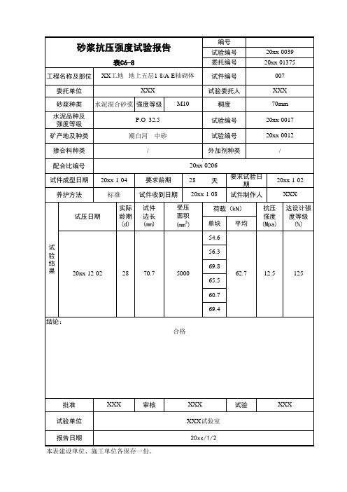 砂浆抗压强度试验报告-建筑公司资料员资料施工试验记录表格填写范例工程资料用表施工记录