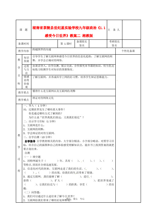 湖南省茶陵县世纪星实验学校九年级政治《1.1感受今日世界》教案二 湘教版