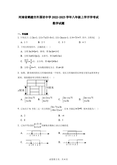 河南省鹤壁市外国语中学2022-2023学年八年级上学开学考试数学试题