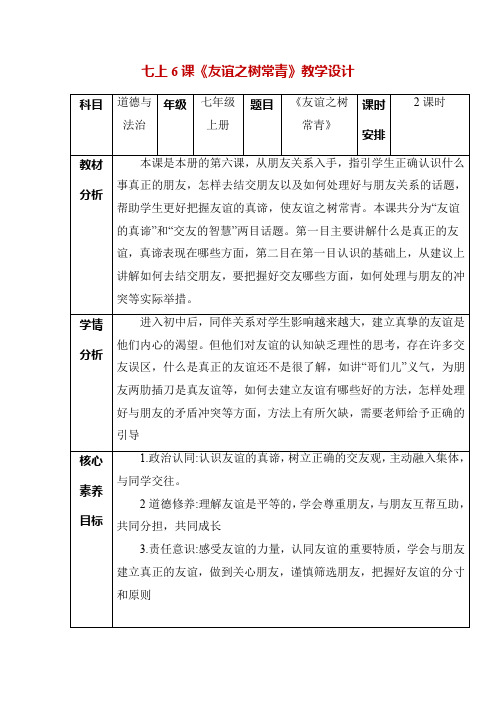 第六课 友谊之树常青(教学设计)七年级道德与法治上册(统编版2024)