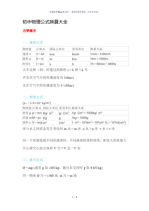 初中物理公式换算大全