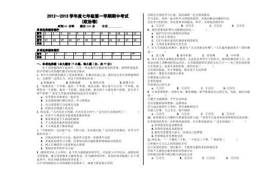 2012年新人教版七年级上册政治期中测试题及答案