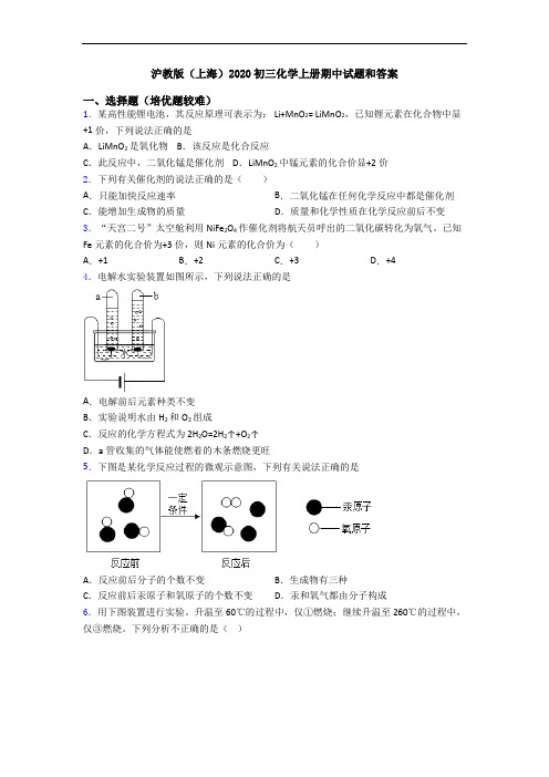 沪教版(上海)2020初三化学上册期中试题和答案