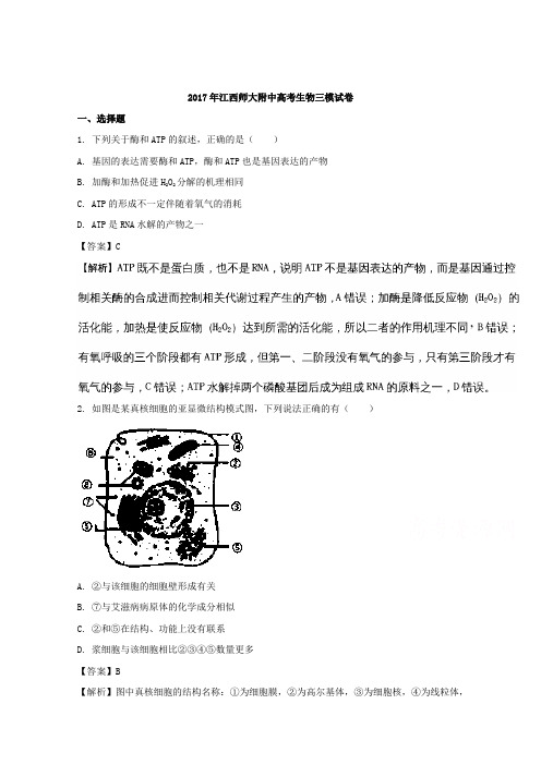 【解析】江西省师范大学附属中学2017届高三第三次模拟考试理综生物试题含解析