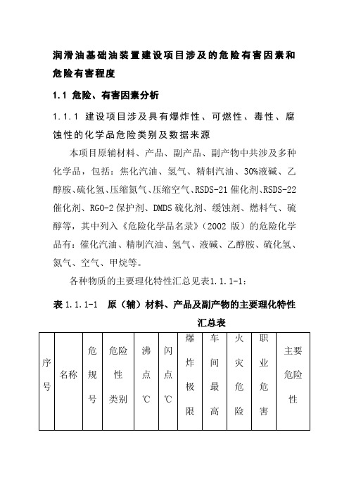 润滑油基础油装置建设项目涉及的危险有害因素和危险有害程度